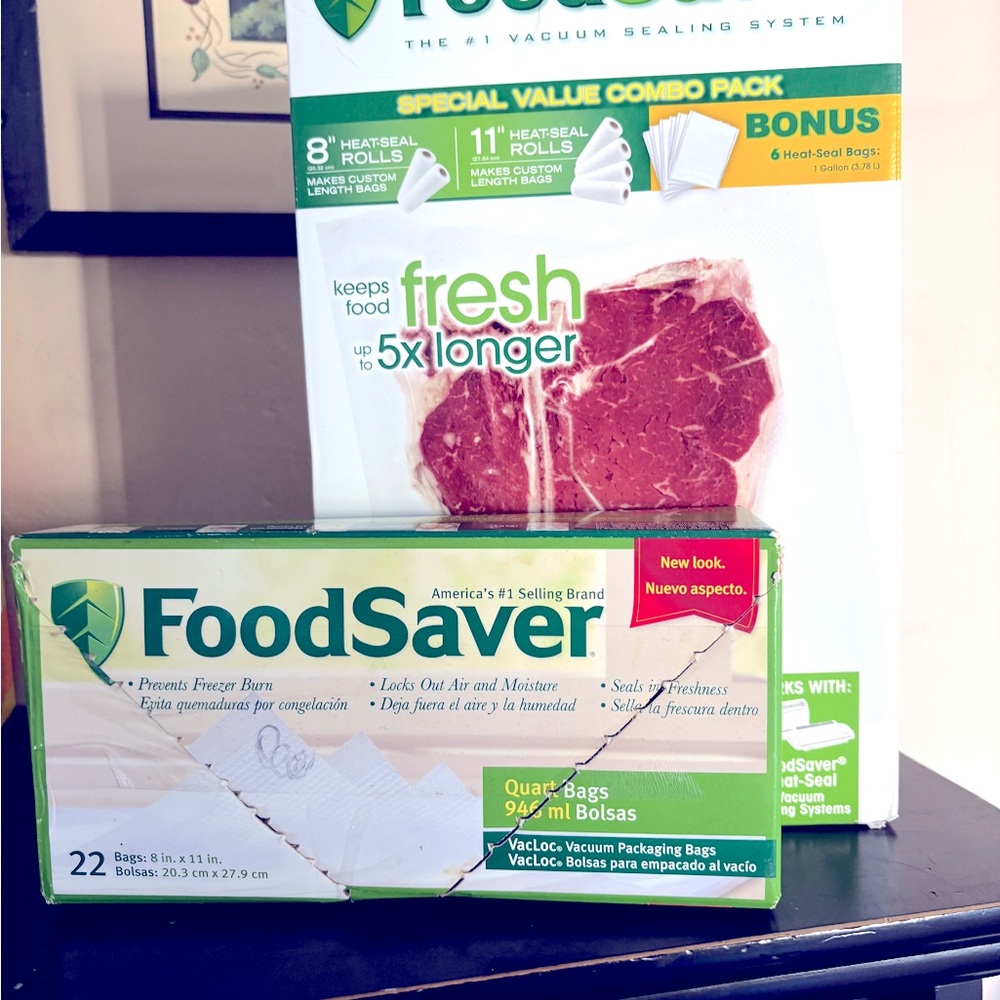 Food saver bags. 2 sizes. Nearly full boxes 2. Works with standard Foodsaver